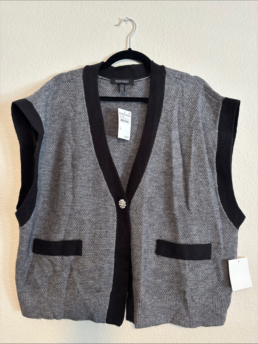 Ellen Tracy Gray Knit Vest with Black Trim and Decorative Button